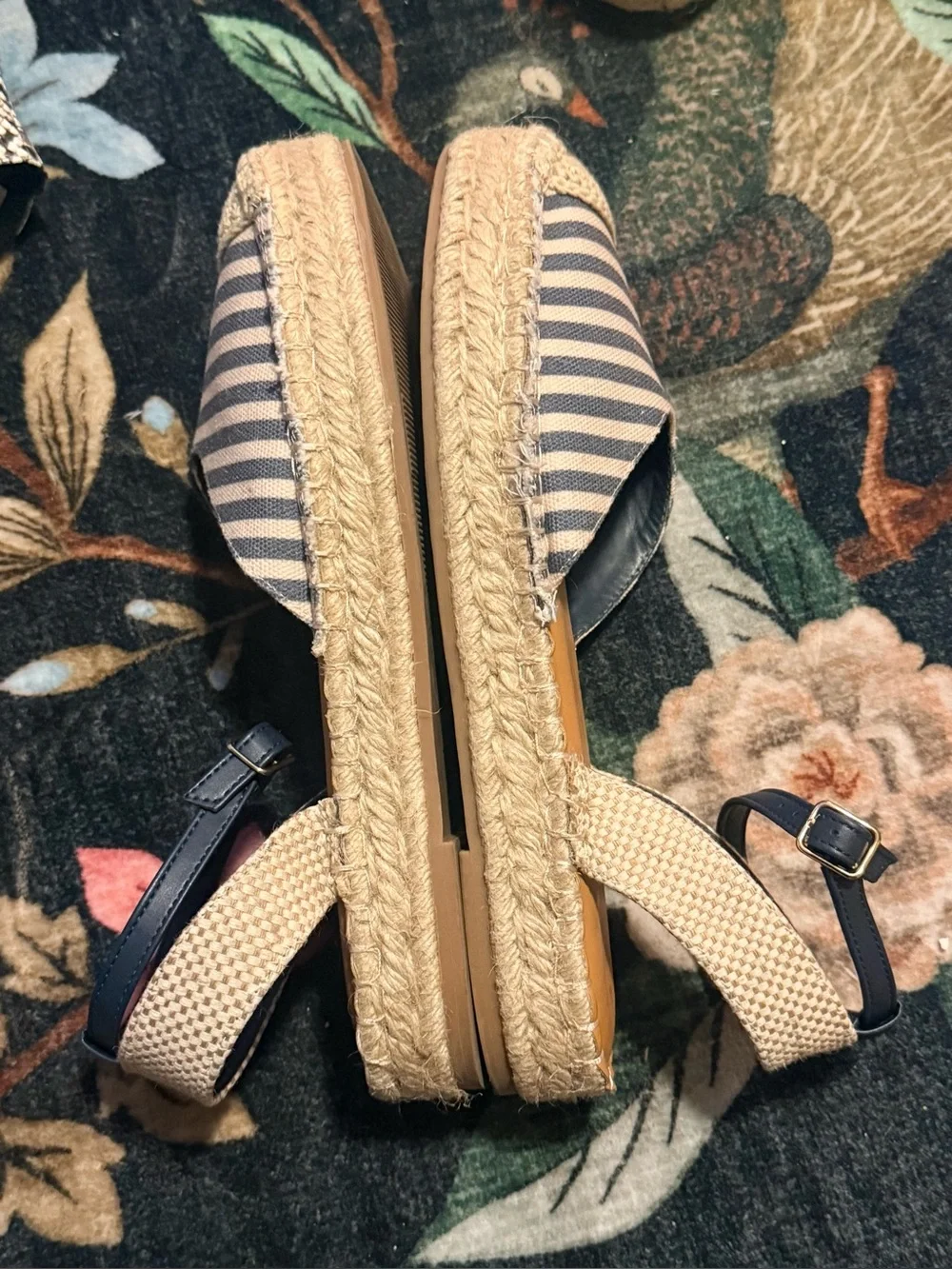 Striped Espadrille Sandals with Ankle Strap - Navy/White